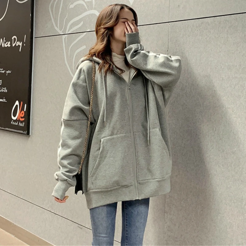 

Basic Jackets Women Fashion Preppy Striped Ulzzang Retro Spring Harajuku All-match Gray Hooded Loose Girls Chic Outwear Harajuku