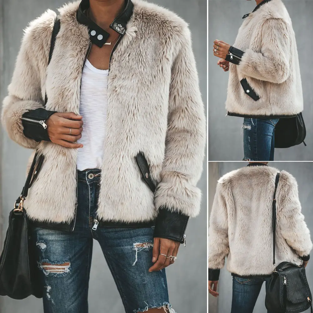 

Fashion Faux Fur Jackets Women Winter Coats Biker Teddy Bear Pocket Fleece Jacket Zip Up Outwear Streetwear Women Clothes