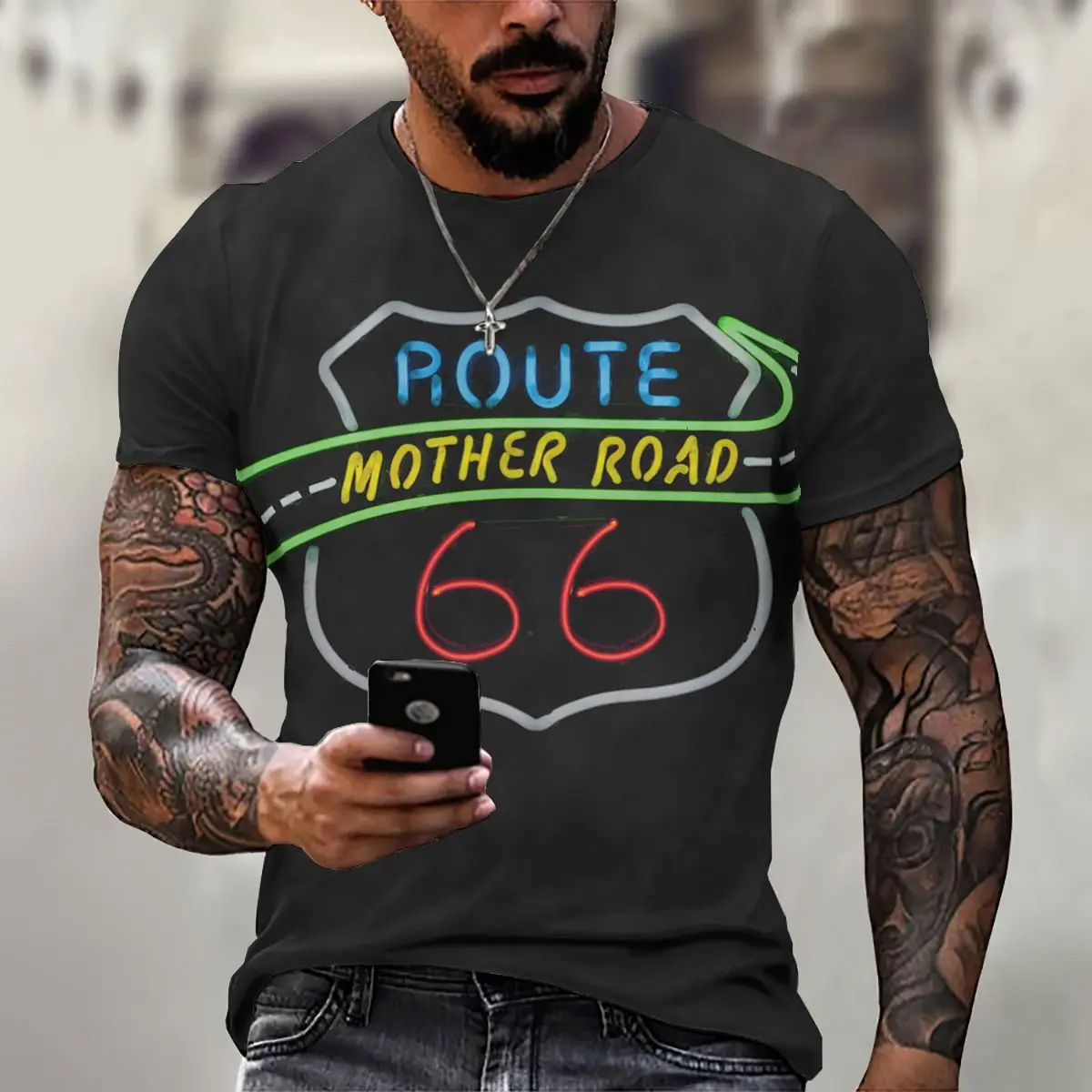 Футболка мужская оверсайз с круглым вырезом и надписью America Route 66 | Мужская одежда
