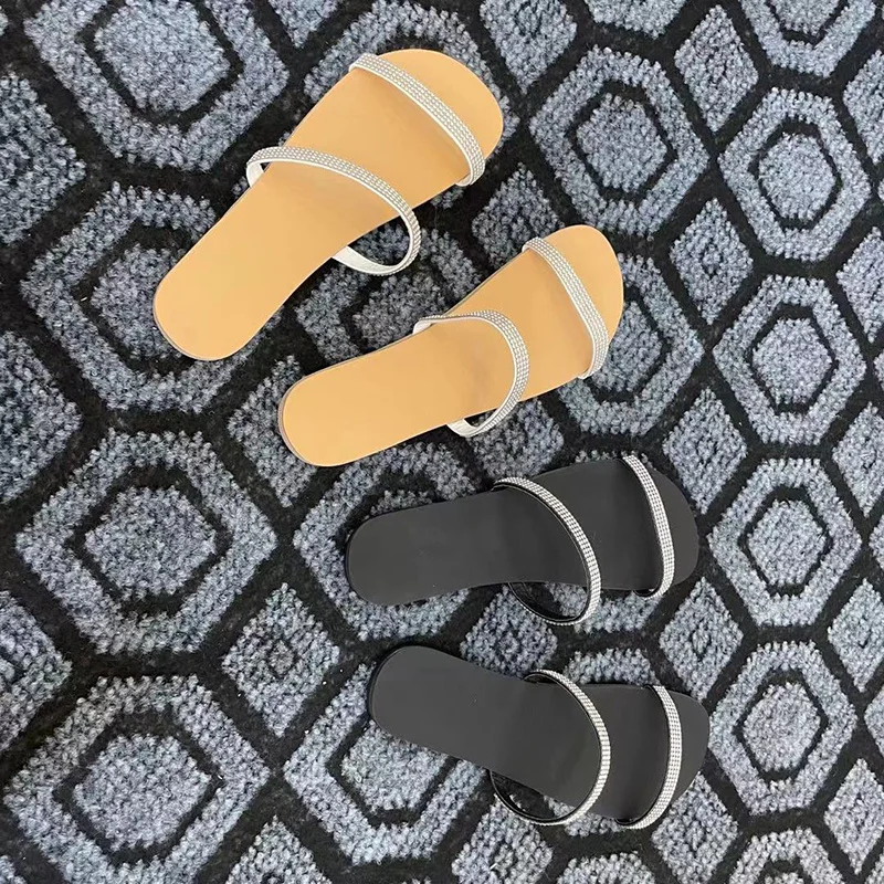 

Summer Sexy Luxury Women Sandals Solid Leather Strap Shiny Crystal Rhinestone Flat Open Toe Fashion Modern Shoes Ladies Female