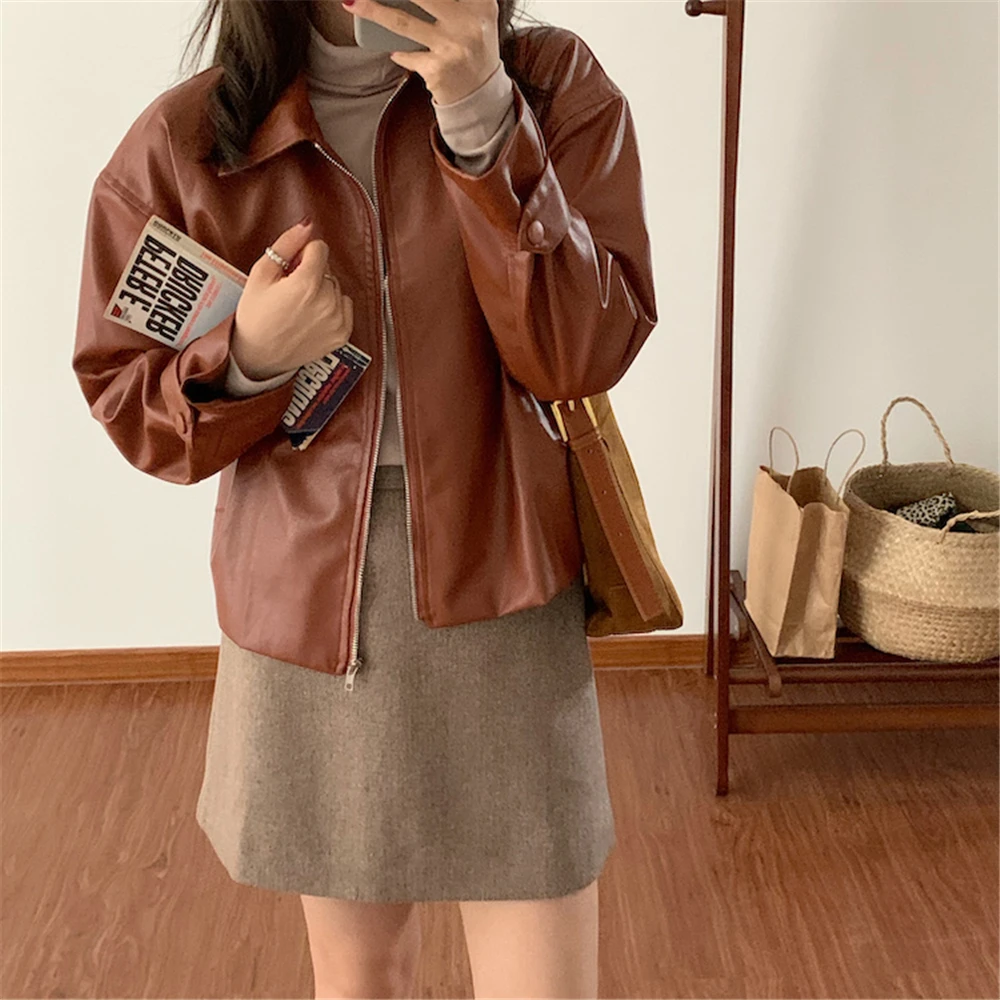 

Leather Jacket Women Loose Soft Vintage Coat Short Pu Leather Coat Female Punk Autumn Streetwear Outwear