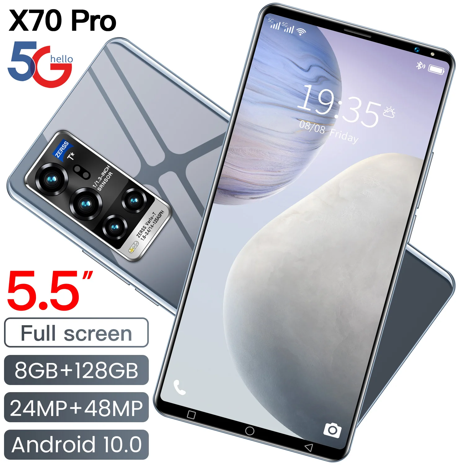 

New Arrival X70 Pro 5.5Inch HD Screen 24MP+48MP MTK6595 10Core Finger Face ID 4800MAH 8+128GB Dual SIM Global 5G LTE Android 10