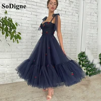 sodigne navy blue prom dresses bow tied straps sweetheart tea length formal homecoming party dress graduation