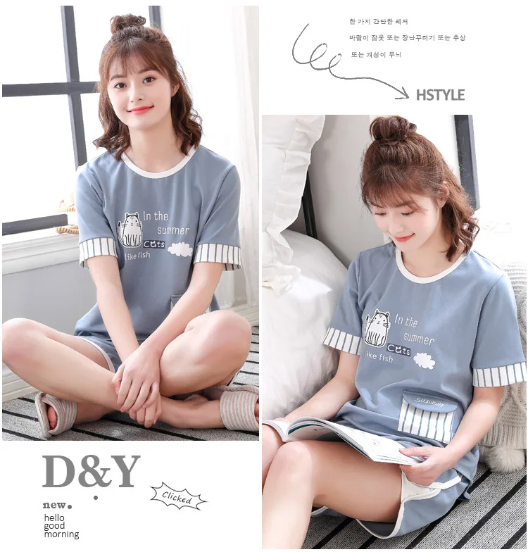 2021 Summer Women's Pajamas Sets Thin Short Sleeve Shorts Cotton Nightgown 2Pcs Suit Korean Cartoon Home Clothes Sleepwear