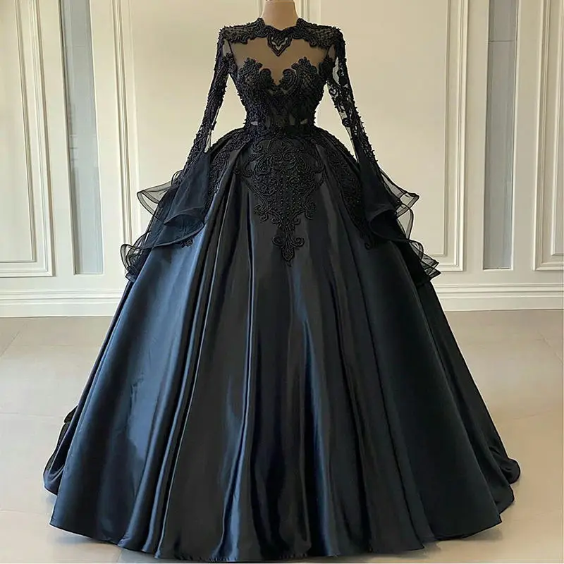 

Black Evening Dresses Jewel Neck Embroidery Ruffled Long Sleeve Prom Dress Pearls Robes De Soirée Customize Formal Party Gown