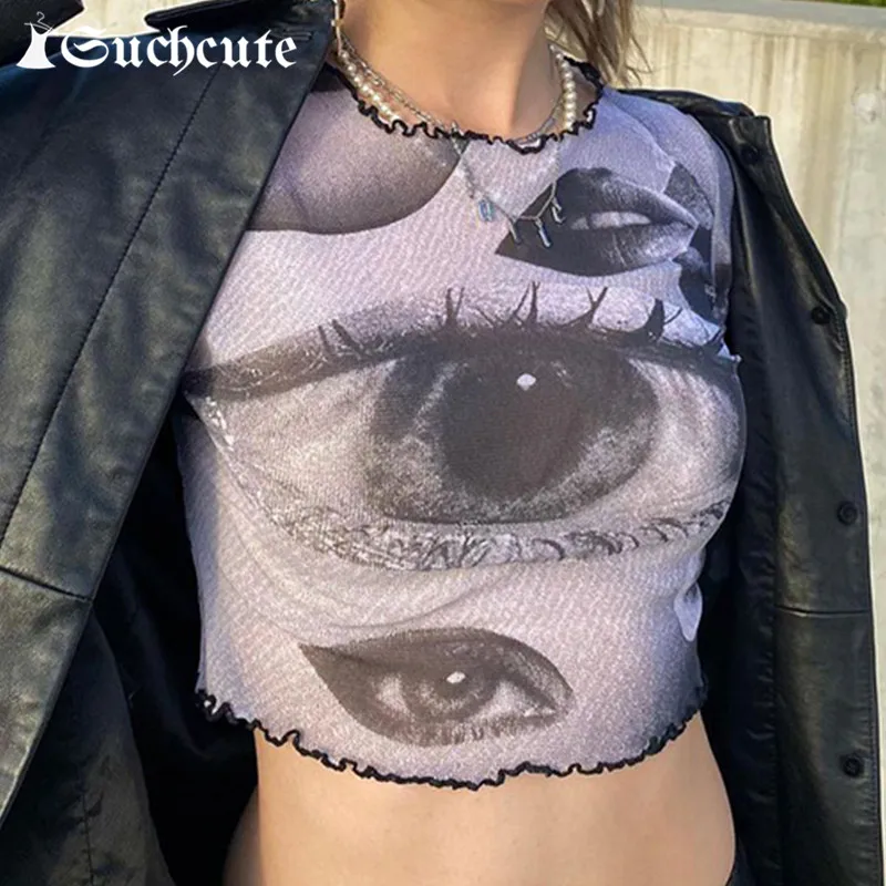 

SUCHCUTE Eye Printed Fashion Streetwear T-Shirts Women Short Sleeve Sexy See Through Mesh Tee Summer Gothic Skinny Crop Tops