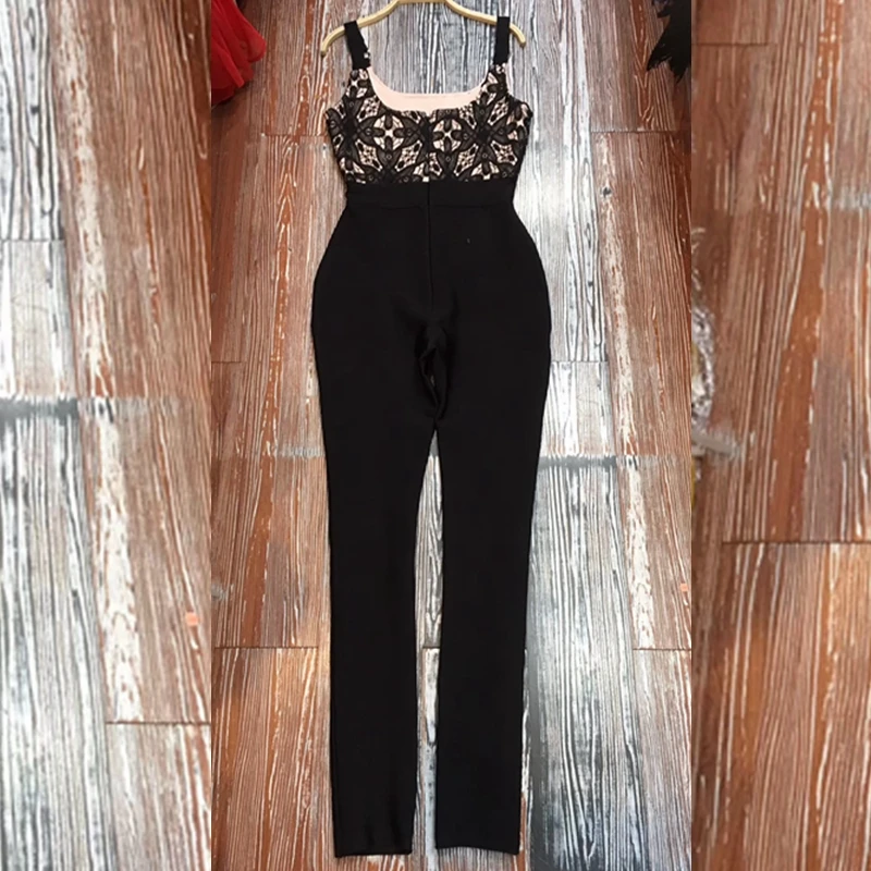 

New Arrivals 2019 Black Fashion Lace Jumpsuit Sexy Spaghetti Strap Bodycon Backless Bandage Party Sleeveless Solid Club Jumps