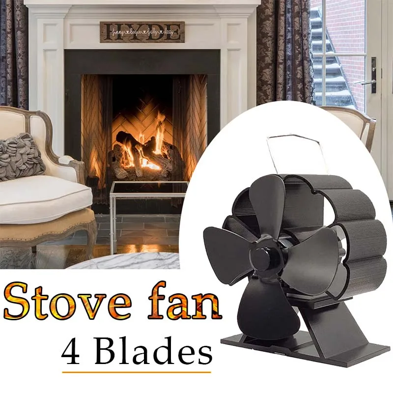 

Black 3/4 Blades Fireplace Fan Heat Powered Stove Fan Log Wood Burner Eco Quiet Fireplace Fan Home Effecient Heat Distribution