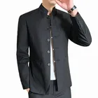 Мужской однобортный пиджак, с воротником-стойкой и длинными рукавами, в стиле ретро, черного, синего, винного цветов, 5xl, осень