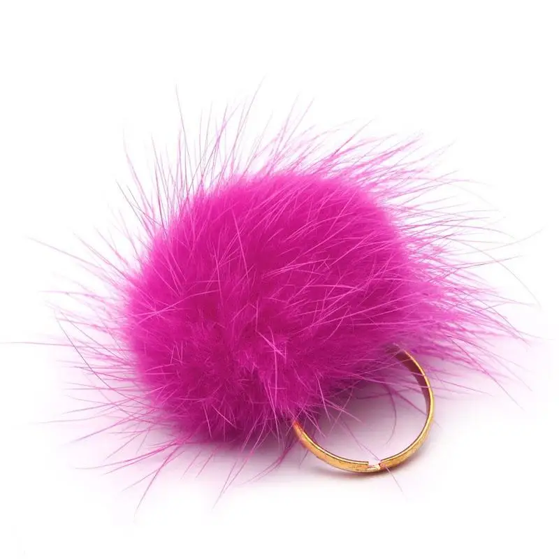 

Fashion Fluffy Mink Fur Ball Pompom Ring Boho Genuine Soft Leather Party Rings for women Adjustable Size Accessories Material