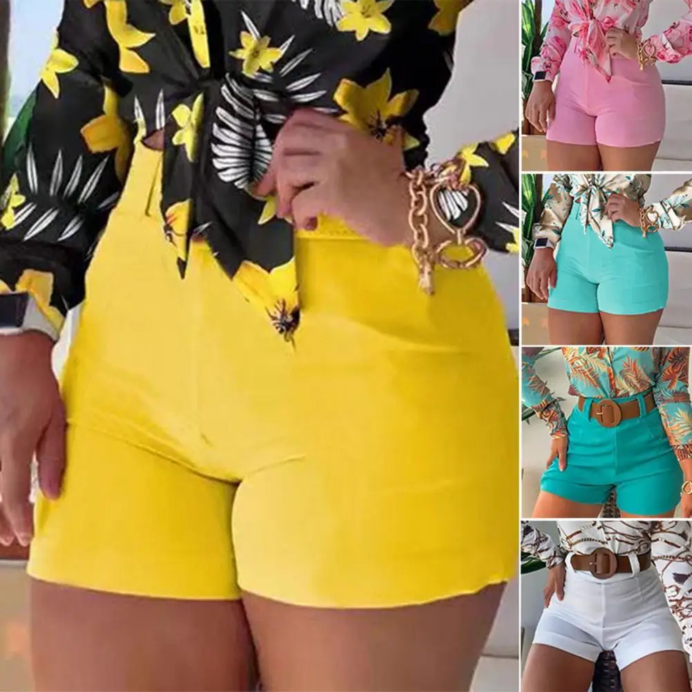 

Summer Office Shorts High Waist Solid Color Back Zipper Skinny Hot Pants Plus Size Ladies Elegant Pockets Summer Casual Shorts
