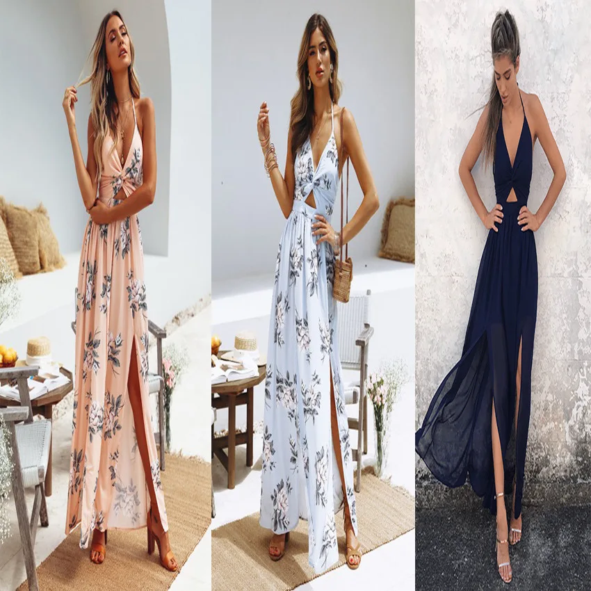 

2021 Ladies Sling Floral Long Skirt Summer Bohemian V-neck Sleeveless Party Beach Floral Print Long Skirt Casual Dress