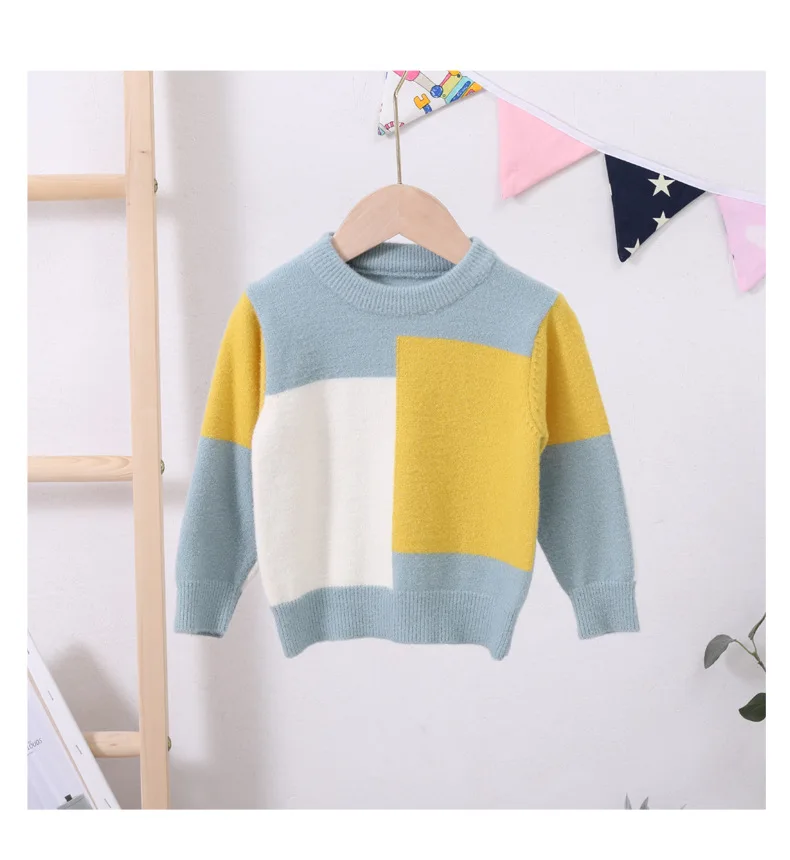Autumn Winter Toddler Boys Sweater Baby Knitwear Tops Plaid Patchwork Kids Pullover Girls Clothes RT163