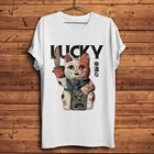 Забавная Мужская футболка с принтом кота удачи и Неко, белая Повседневная футболка унисекс, уличная одежда, Япония