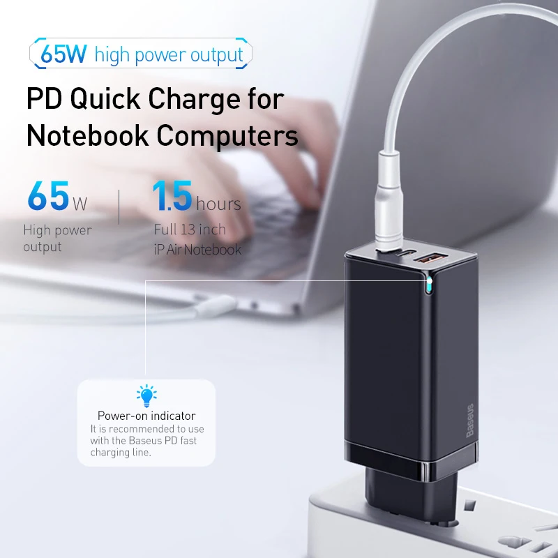 Baseus-Cargador GaN para Ordenador, Dispositivo de Carga R&aacute;pida para Port&aacute;til, iPhone 12 Pro, con USB, 65 W, 4.0, 3.0, Tipo C, PD, QC-1