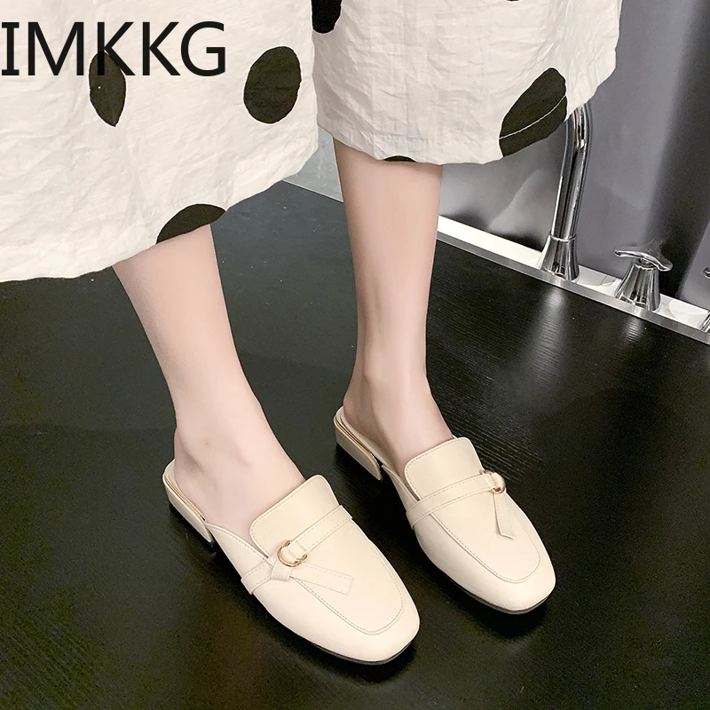 Woman Mules Shoes Outdoor Slippers Female Square Toe low heel Casual Comfortable slippers metal decoration slides | Обувь
