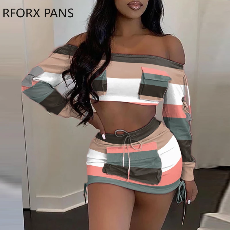 

Women Chic Striped Pocket Lace-up Crop Sexy Short Skirt Sets