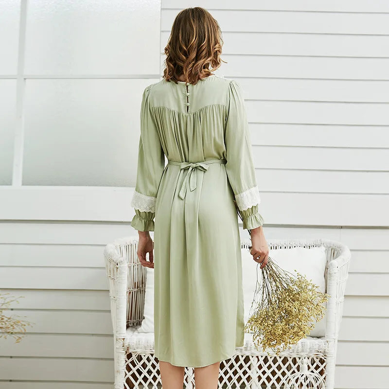 Pajamas Women Autumn Cotton Silk Green CutePalace Retro Long Sleeve Nightdress Mid-length Home Service