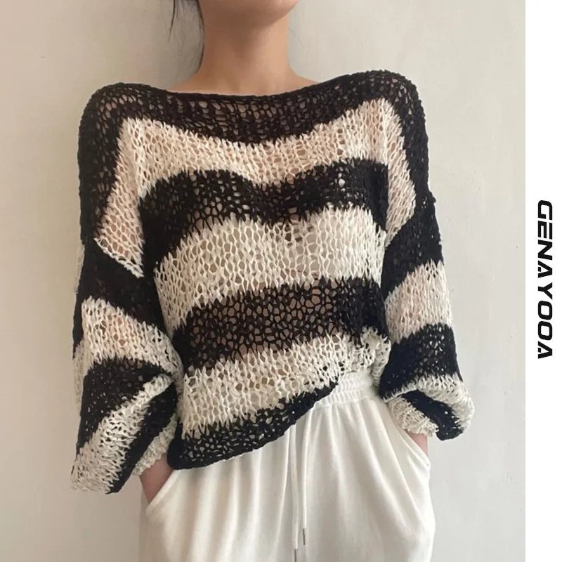 

Genayooa Woman Pullover Casual Knit Sweater Striped Long Sleeve O Neck Hollow Out Jumper Women Spring Loose Ladies Tops Korean