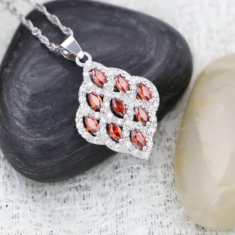 Серебро 925 квадратная Подвеска Ожерелье для женщин Красный кубический цирконий
