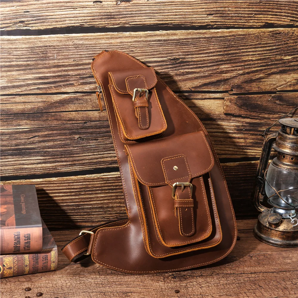 Genuine Leather Men's Chest Bag Top Layer Cowhide Shoulder Bag Fashion Casual Sports Messenger Large Capacity Mobile Phone Bag