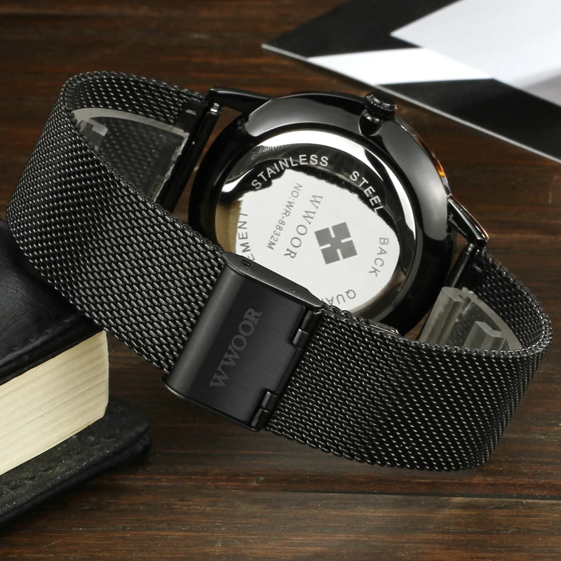 

WWOOR Brand Men Watches Quartz Simple Slim Watch for Men Luxury Japan Movement Waterproof Black Steel Mesh Thin Male Wrist Watch