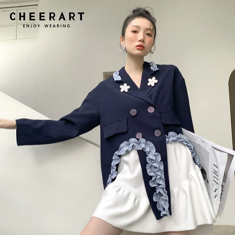

CHEERART дизайнерский Королевский синий асимметричный укороченный пиджак с оборками женский двубортный пиджак 2021 модное пальто и куртки осень...