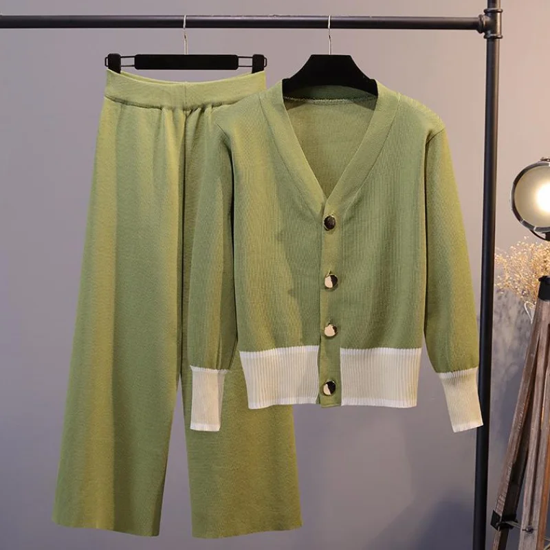 

New Arrival Winter Tracksuits Cardigan Knitted Women's Jumper Tops Coat Sweater + Wide-Legged Pants 2 Pieces Set