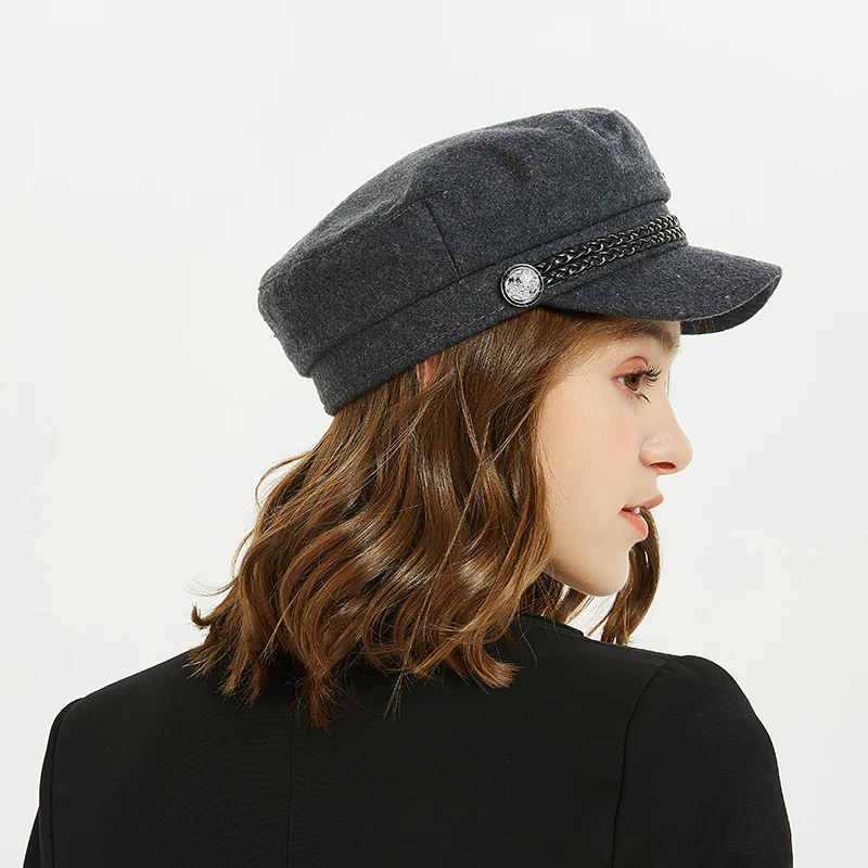 

[FEILEDIS] Gray striped military cap Fashion Hats for Women Flat Hats Army Salior Military Hat LR-02