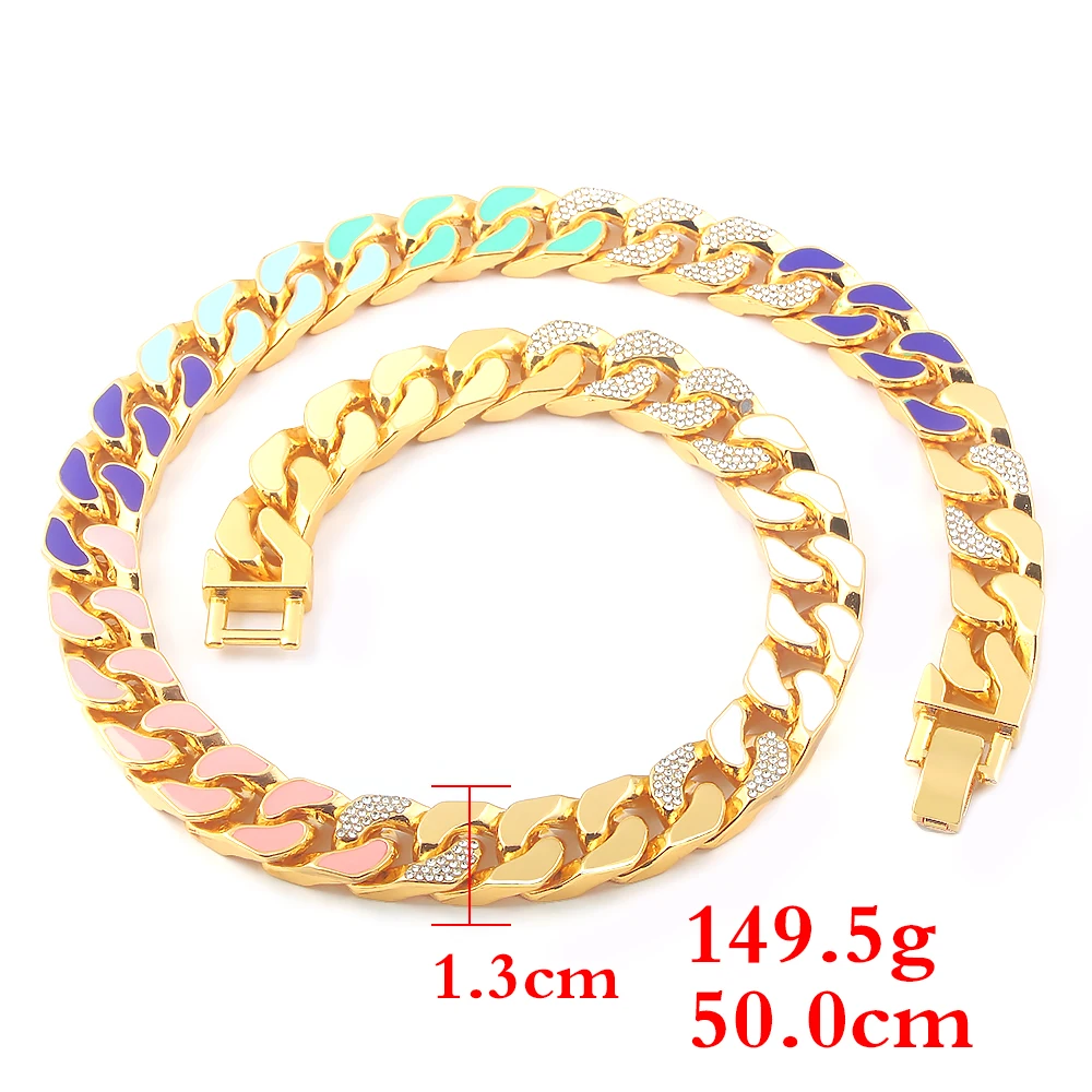 

2021 Rainbow Miami Cuban Chain Mens Necklace Gold Silver Color Rhinestone CZ Clasp Choker For Rapper Hip Hop Fashion Jewelry