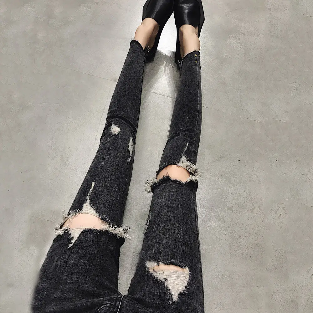 

Women's autumn new style black grey raw edge slim high waist Capris