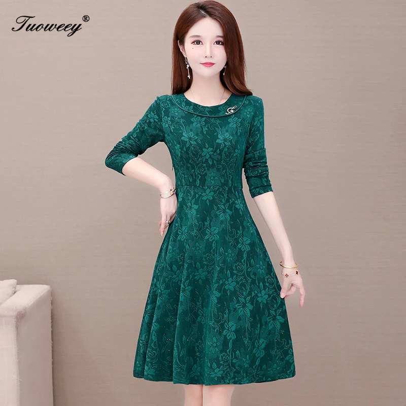 

2020 Plus size New Women floral long Sleeve A-line knee length waist slim Dress autumn O-neck Female Casual hollow out Dresses