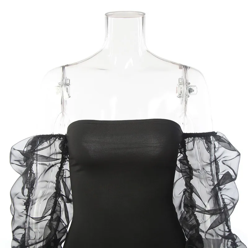 

2021 Dress Women Patchwork Drawstrings Long Puff Sleeve Bodycon Dress Mesh Party Sexy Backless Mini Dresses Club Women Dress