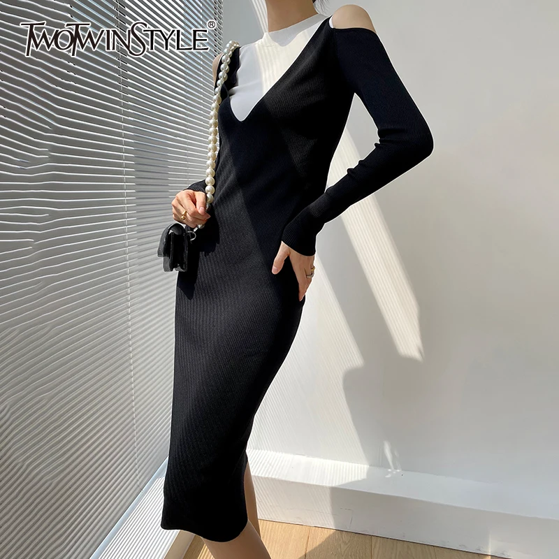 

TWOTWINSTYLE Patchwork Colorblock Dresses For Female O Neck Off Shoulder Long Sleeve High Waist Slimming Women's Dress New