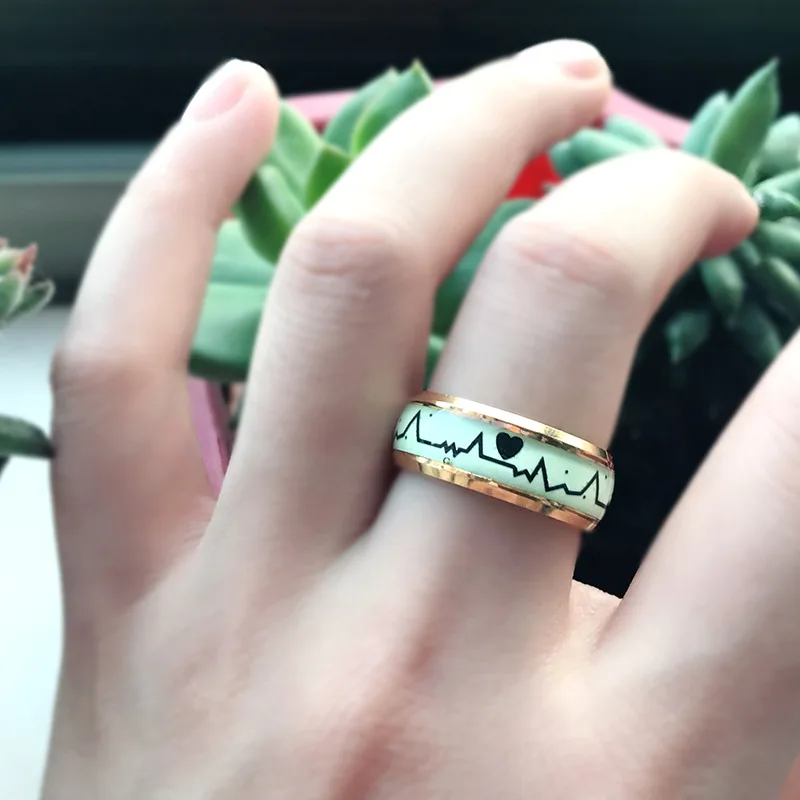 

New Fashion Stainless Steel Luminous Ring For Women Men Glowing In Dark Heart Couple Bands Jewelry Gift To Friends Lovers