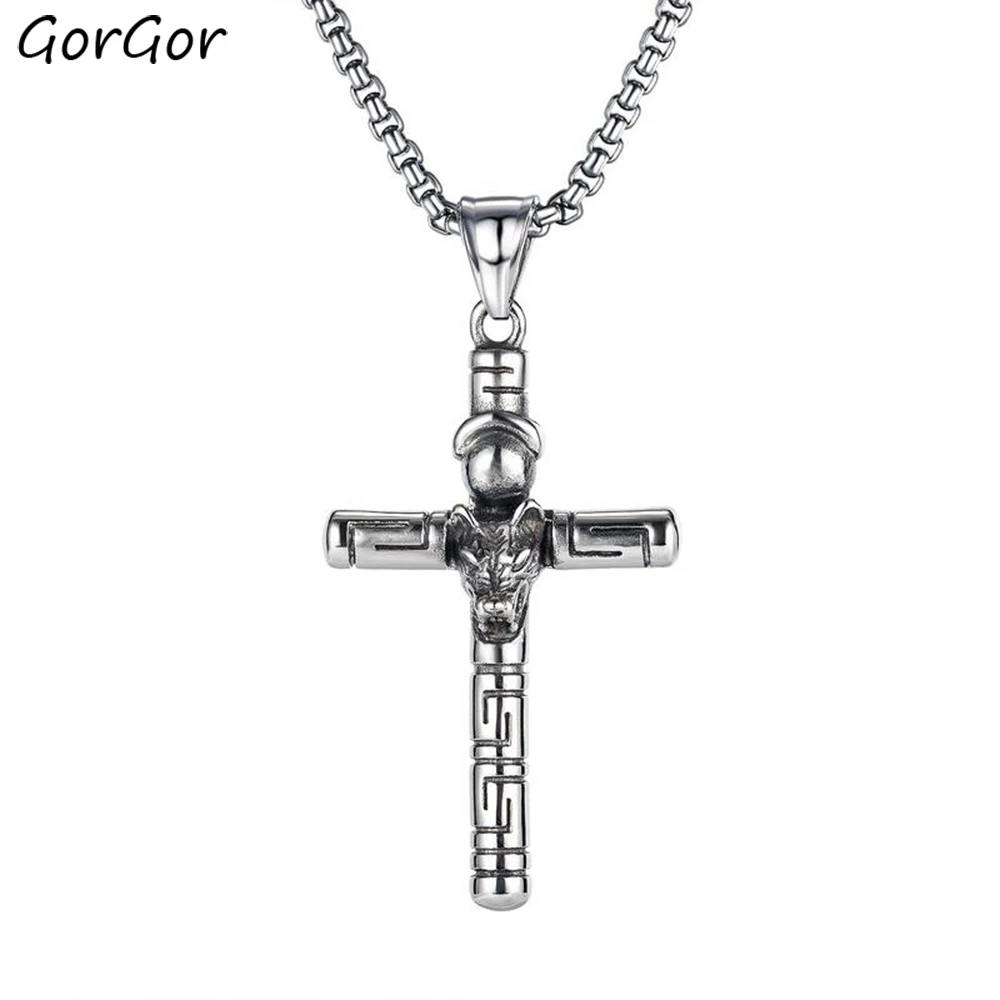 

GorGor ожерелье для мужчин из нержавеющей стали узор Волчья Голова Крест Кулон индивидуальность в винтажном стиле Стиль популярные аксессуар...