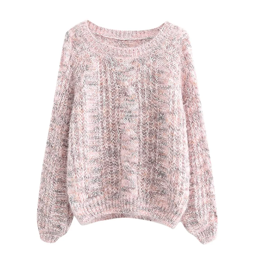 Розовый Повседневный вязаный женский свитер с рукавом-фонариком 2019 осенний