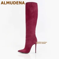 almudena sexy burgundy suede knee high boots thin high heels pointed toe long boots women brown black matte leather dress shoes