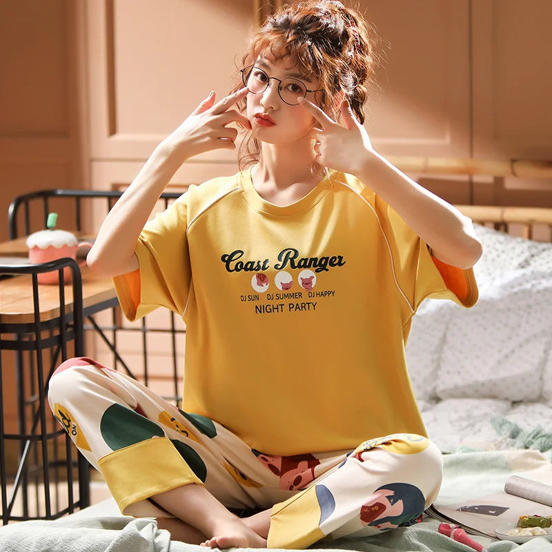 Женский пижамный комплект из двух предметов Хлопковая пижама с коротким рукавом