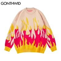 gonthwid harajuku streetwear sweaters fire flame knitted jumpers sweater mens fashion hip hop casual pullover loose tops
