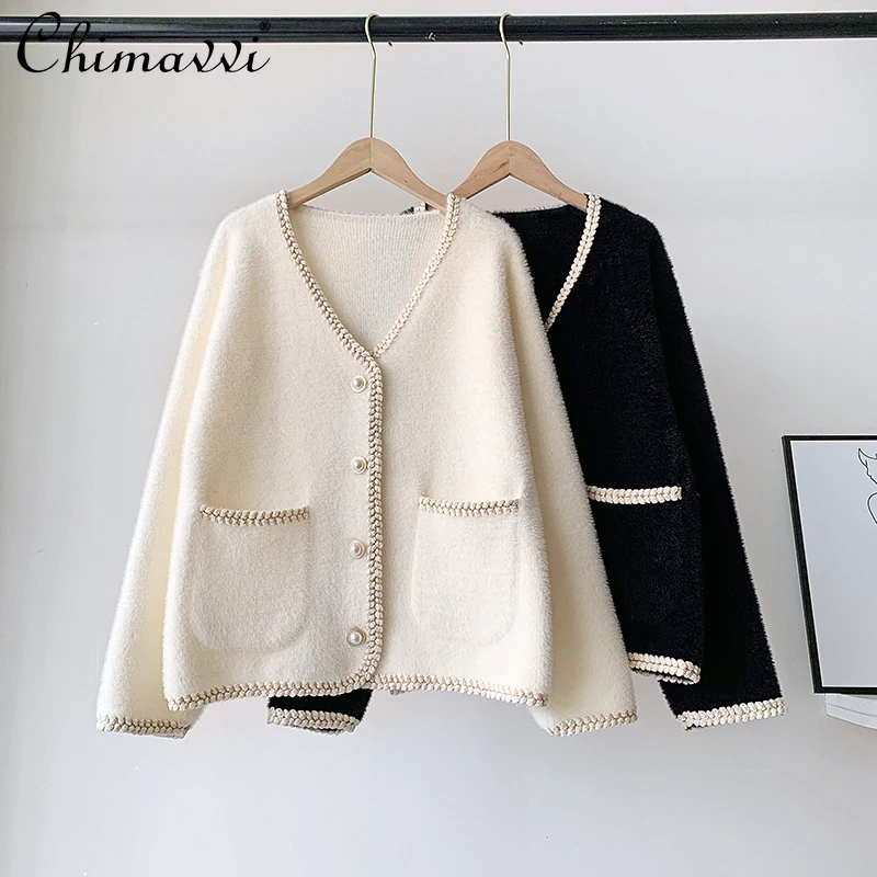 

Elegant All-match Fashion Women V-neck Long Sleeve Sweater Lady Loose Single-breasted Pearl Buttons Pocket Cardigan Top