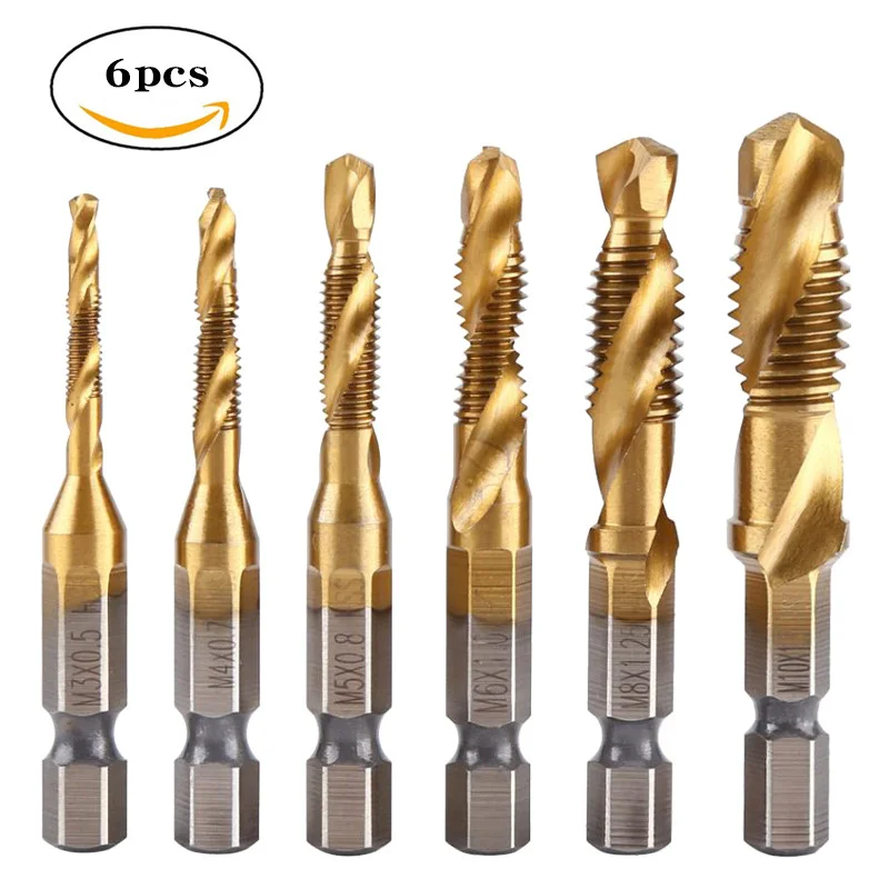 ZK30 6Pcs Hex Shank Titanium Plated HSS Screw Thread Metric Tap Drill Bit Screw Machine Compound Tap M3 M4 M5 M6 M8 M10 HandTool