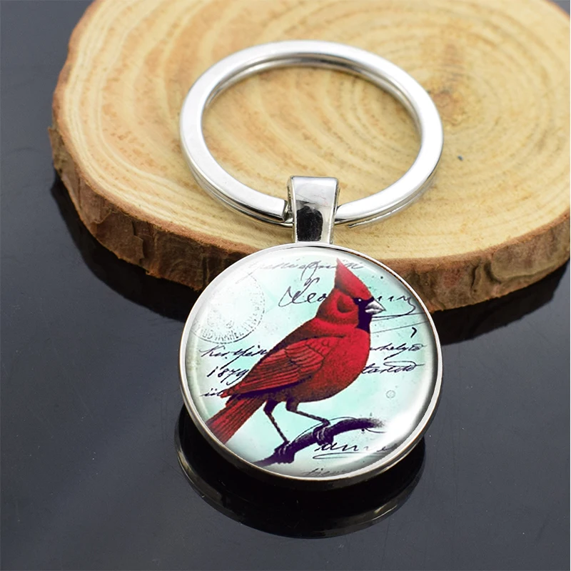 

Birds Keychain Cardinal Eagle Double Side Glass Cabochon Pendant Keyring Animals Jewelry for Friends Gifts