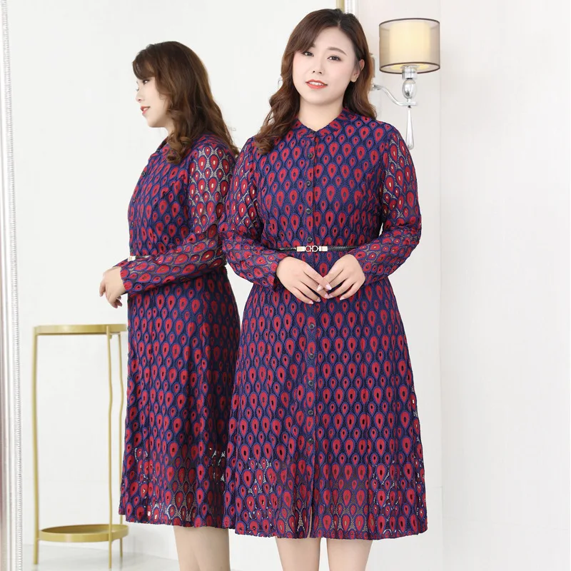 

Элегантное кружевное платье размера плюс, женские халаты, весна-осень, высокая талия, средней длины, кружевные вечерние платья с длинным рук...