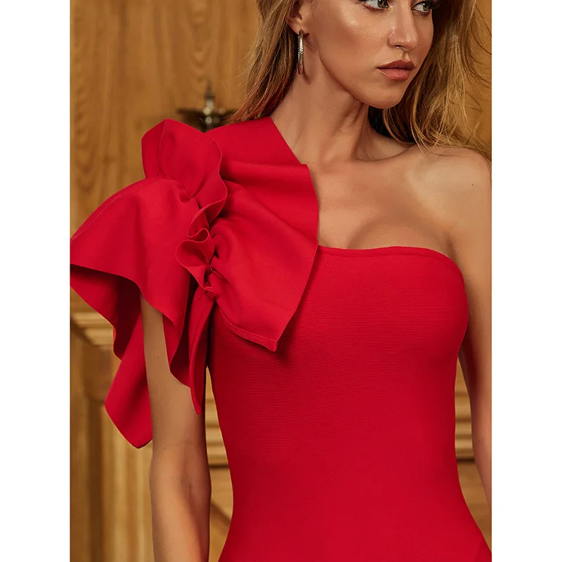 

One Shoulder Red Summer Prom Dress ForWomen Vestidos De Mujer Elegantes Knit Wedding Bodycon Cocktail Party Evening Ruffle Dress