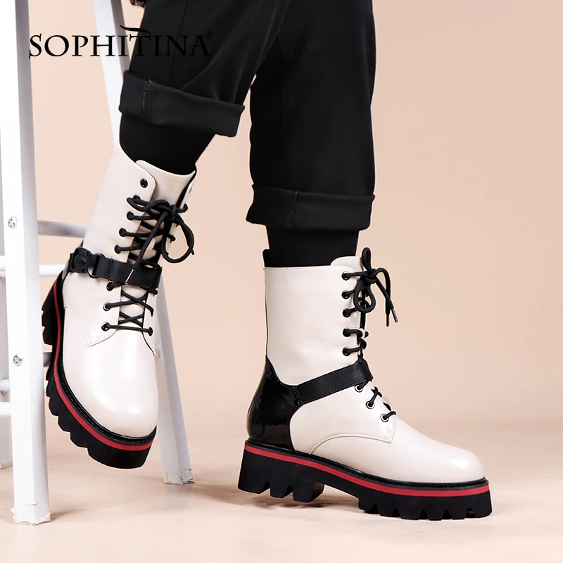 Murah SOPHITINA Sepatu Bot Musim Dingin Hangat Wanita Platform Lace-Up Wanita Sepatu Kulit Asli Gesper Tali Panjang Plush Fashion Wanita Sepatu C933