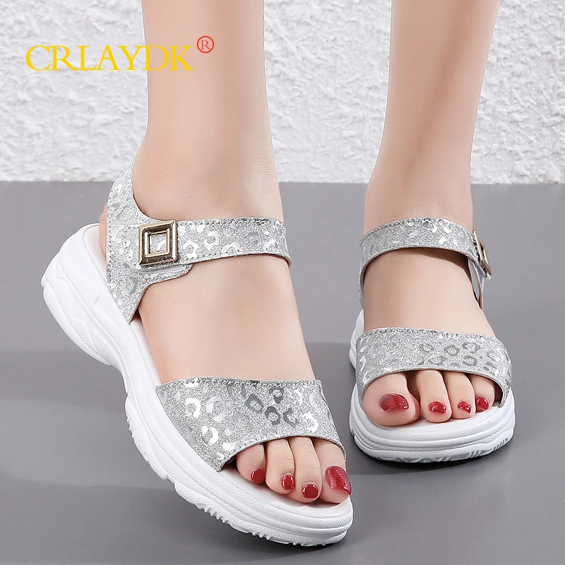 CRLAYDK Metallic Women Strap Wedge Sandals Open Toe Ankle Shoes Ladies Summer Beach Platform Casual Outdoor Sandale Femme