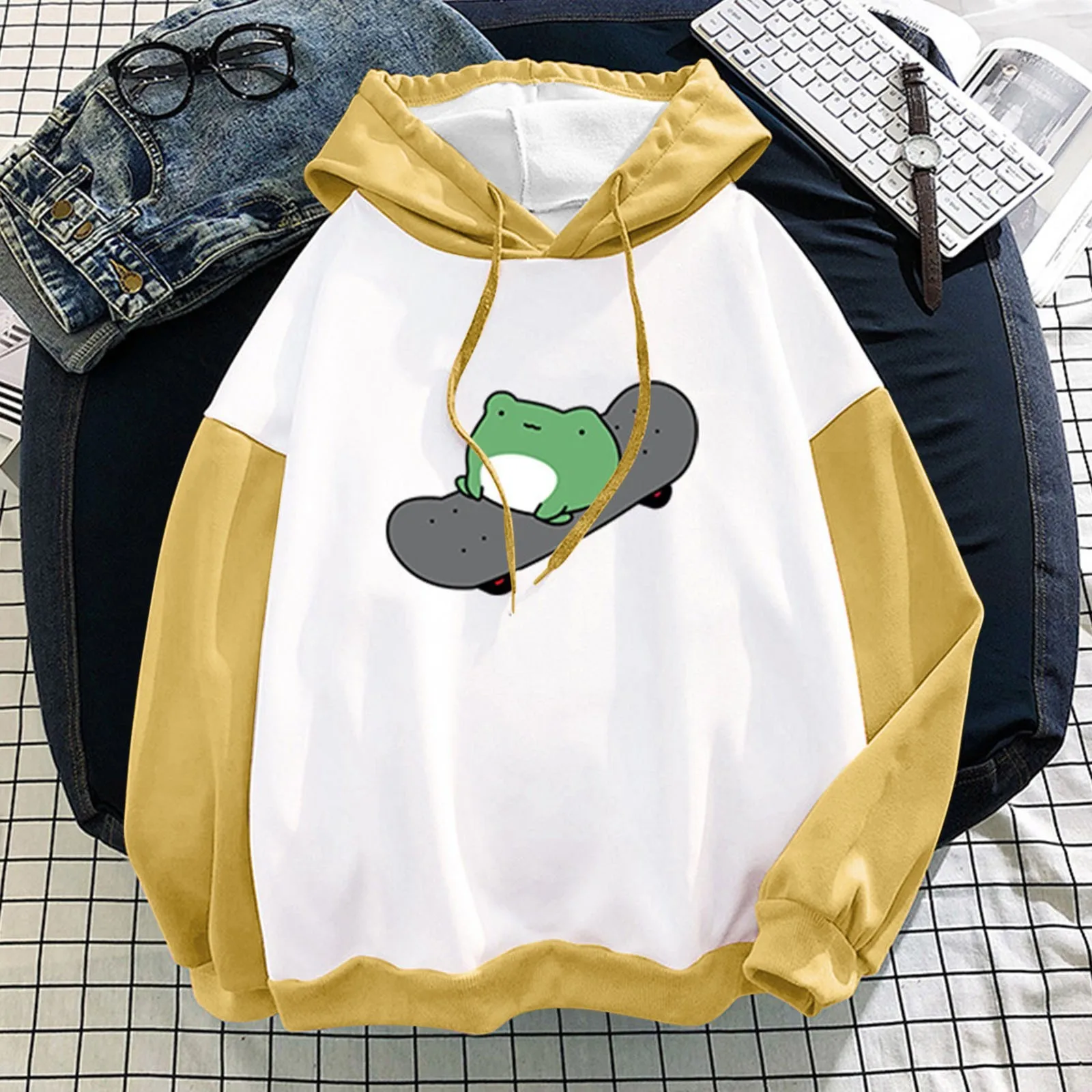 Kawaii Frog Hoodies Women Oversized 2021 Fashion Stitching Cute Plus Velvet Long-Sleeve Hooded Sweatshirt Top Harajuku Sudaderas