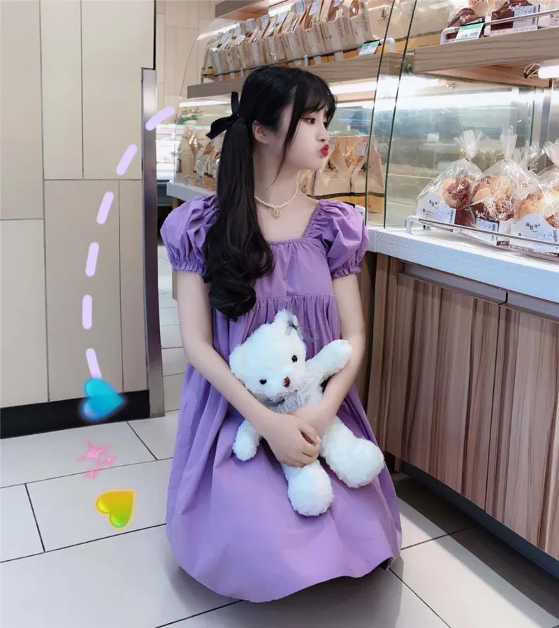 

MokoGoddess 2020 New Summer Lolita Japanese Ins Retro Age-Reducing Square Collar Puff Sleeves Thin High Waist Doll Dress