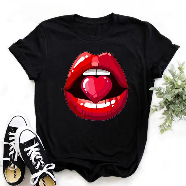 

Cool Streetwear Female Black T-shirt Rainbow Lip and Butterfly Print Harajuku Women Summer Cotton T Shirt Femme Tops